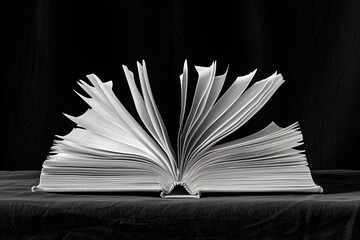 Book resting on table against black backdrop