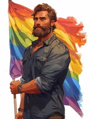 Fototapeta premium A male character portrait and a confident expression, holding a rainbow flag, isolated on a white background.