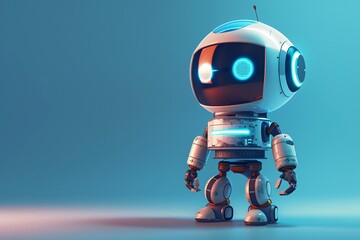 Robot closeup, glowing head, blue backdrop