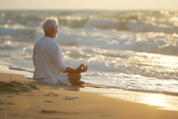 Senior Caucasian man meditating on a beach at sunrise, sitting in a lotus pose facing the sea. - Powered by Adobe