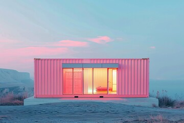 Pink container house on hill