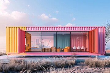 Colorful container house by a beach