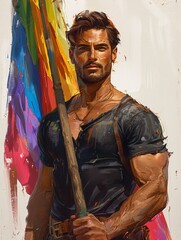 A male character portrait and a confident expression, holding a rainbow flag, isolated on a white background.