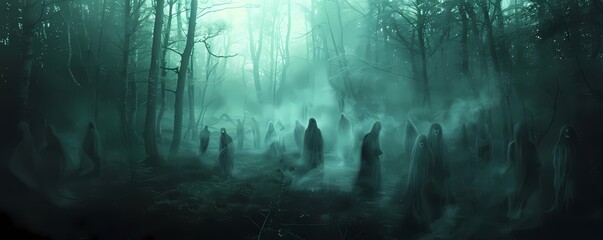 Create a haunted forest with ghostly figures and space for text in the center