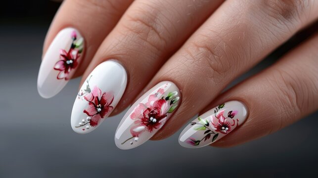 Spring inspired nail design for women Manicure with floral pattern Nail salon services featuring a timeless bridal nail look for the season