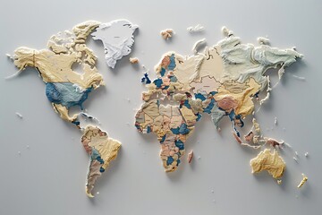 World map overlaid with paper-covered countries