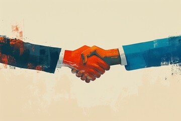 Two hands shake on blue and orange background