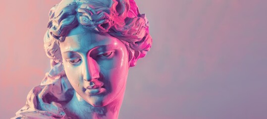 antique sculpture head bust statue on pink background with copy space right  fashion backdrop banner