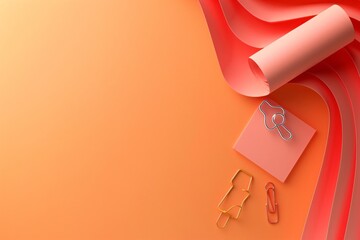 Paper roll, scissors, paper clip, paper clip on red background