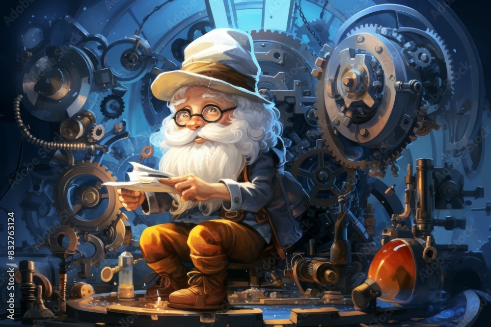 Wall mural a quick-witted gnome inventor, creating ingenious gadgets and contraptions to overcome challenges. -