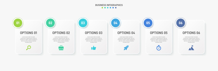 Horizontal progress bar featuring 6 arrow-shaped elements, symbolizing the six stages of business strategy and progression. Clean timeline infographic design template. Vector for presentation