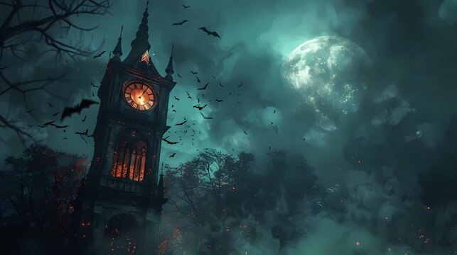 Design a spooky clock tower with bats flying around and space for text