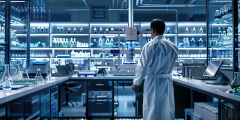 Scientist in the lab, back view, calibrating a gas chromatograph, modern laboratory equipment around