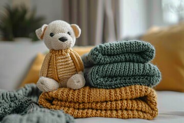 Teddy bear on blankets