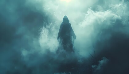 Generate a background with a ghostly figure emerging from fog and space for text
