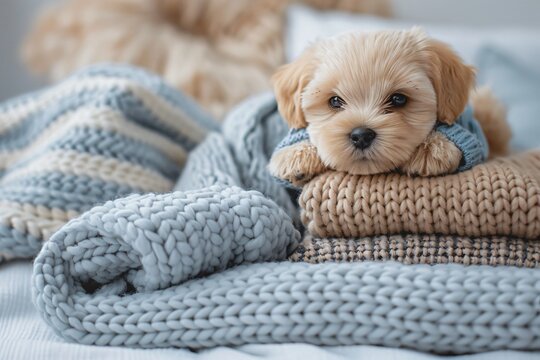 Dog resting on stack of bedding