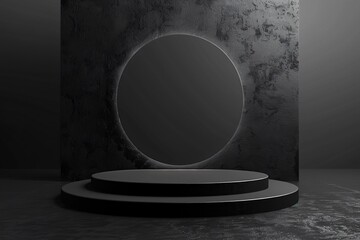 Close up round object on pedestal in dark room