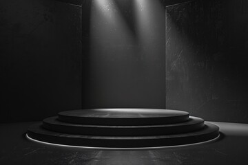 Dim stage, round pedestal, dark room