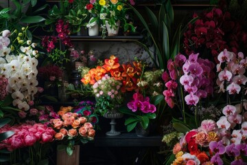 Fototapeta premium bunches of flowers at flower store or florist shop on black background