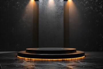 Illuminated round podium in dark room