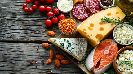 Assortment of wholesome food choices beautifully showcased on weathered wooden background