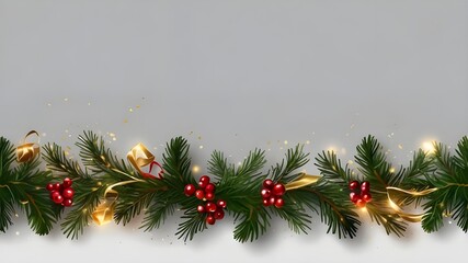 Isolated on a translucent background is a border featuring gold lights, red berries, and green fir trees. Christmas evergreens and pine trees seamless banner. Christmas tree garland decoration in vect