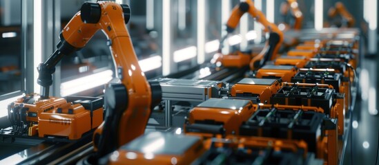 Advanced Orange Industrial Robot Arm Assembling EV Battery Pack.