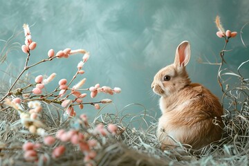 Rabbit in grass with flower backdrop