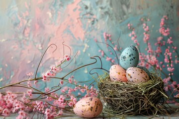 Three eggs nest pink flowers table