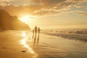 A blissful family strolling hand in hand on a serene beach, basking in the warm embrace of the setting sun's golden glow.