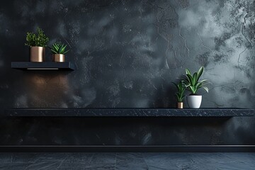 Two potted plants on a shelf in a room