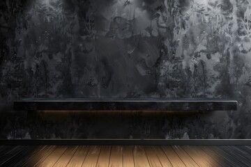 Close-up wooden floor with black wall