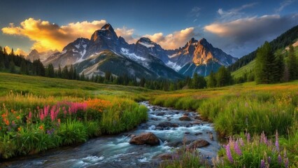 Tranquil Beauty: Meadow, Stream, and Majestic Moun