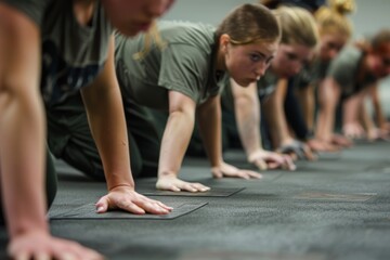 A close-up view of a group of individuals lined up on a mat, simultaneously doing push ups