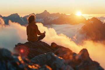 A person in a meditative pose on top of a mountain summit during the early morning