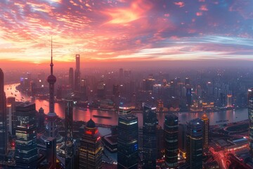 An aerial perspective of a modern city as the sun sets, casting a warm glow over the buildings and streets below