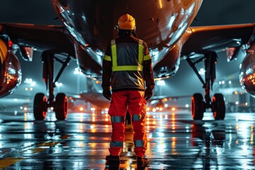 Confident ground crew member standing in front of a large airplane on the tarmac