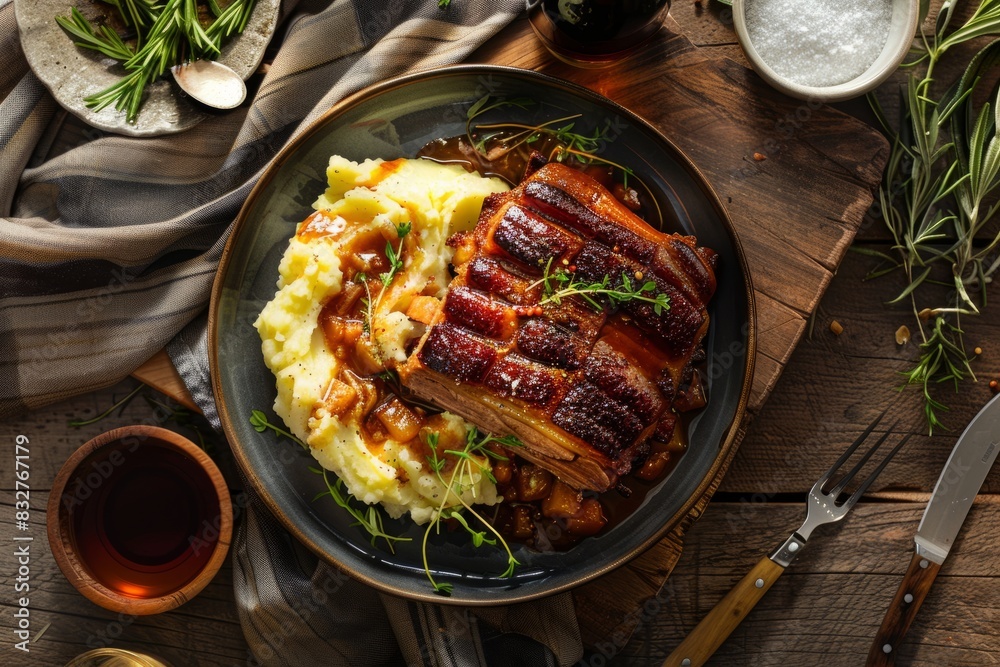 Poster Overhead view of a rustic wooden table setting with a plate of cider-braised pork belly served with mashed potatoes - Posters