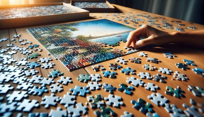 A person assembling a jigsaw puzzle on a wooden table. The puzzle pieces are scattered around, with some sections already completed, depicting a serene landscape.