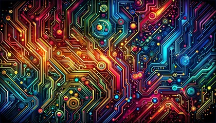 Vibrant circuit board design with multicolored pathways and nodes, symbolizing dynamic and advanced technological connectivity.
