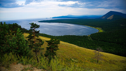 A picturesque lake located amidst trees and grass in a natural environment