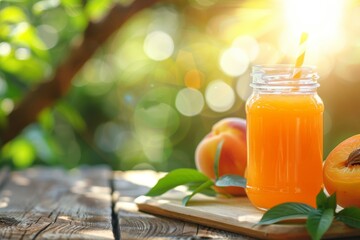 Peach jam in jar with peach, table setting, blurred background with ample space for text placement