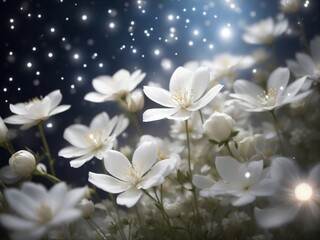 "Glimmers of Starlight: White Flowers Bathed in Cinematic Glow, Evoking Celestial Magic Against White Background"