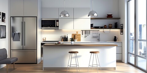 Minimalist kitchen design in an apartment with clean lines, modern appliances, and a breakfast bar