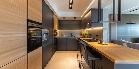 Minimalist kitchen design in an apartment with clean lines, modern appliances, and a breakfast bar