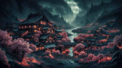 Japanese village in spring. The village is located in a valley surrounded by mountains, cherry trees in full bloom, and a serene lake. In the distance, an ominous forest shrouded in fog is visible.