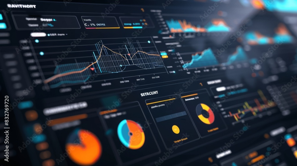 Poster computer screen showing multiple graphs and charts depicting data analysis and trends.