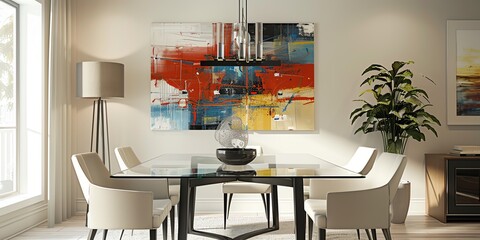 Modern dining room with a glass table, modern chairs, and abstract art