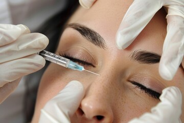 Naklejka premium Cosmetologist administering botox injection on woman s face with blurred background for text