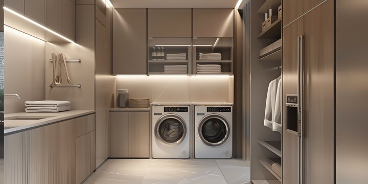 Modern laundry room design in an apartment with sleek appliances, ample storage, and a folding station